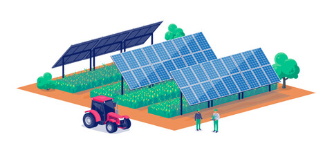 Modern farmland using agrivoltaics tracker solar panel system. Crops, corn, grains, potatoes and vegetables production together with electricity. Sunshine protection. Effective sustainable farming.
