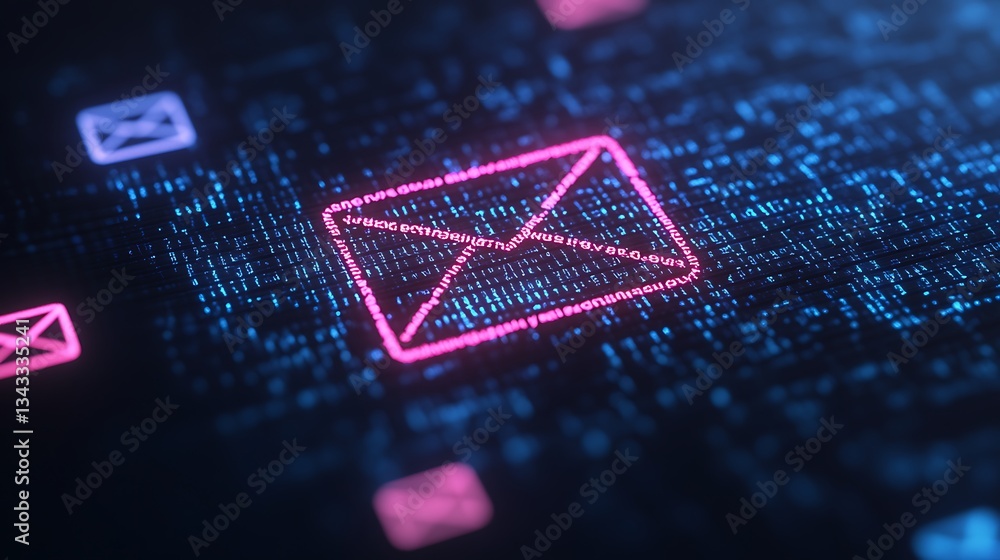 Poster futuristic email icon with binary code background in vibrant colors representing digital communicati