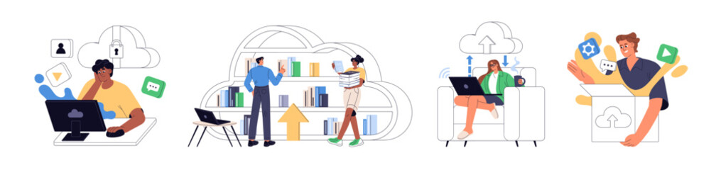 Cloud storage technology concept set. Digital services for sharing, uploading, downloading data. Online library, network, servers for content, information. Flat isolated vector illustrations on white