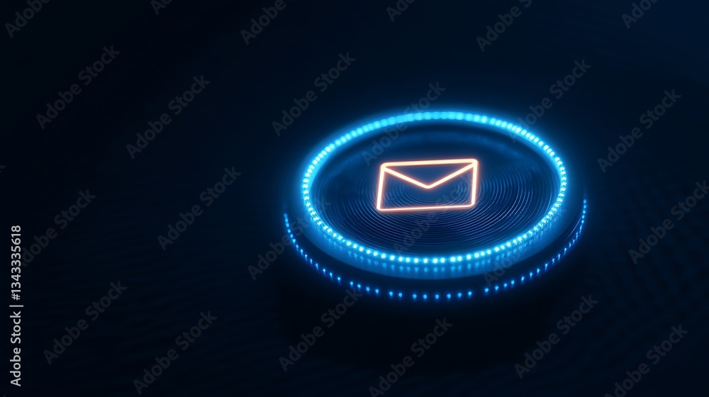 Poster futuristic glowing blue button with envelope icon representing digital communication and messaging c