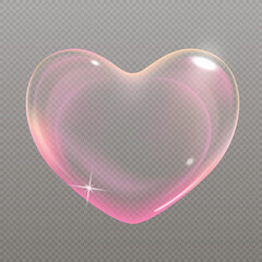 Realistic transparent pink vector soap bubble shaped as heart. Romantic glossy soapy heart. Valentine day symbol. Black background.