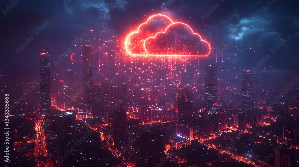Poster interconnected global network of glowing clouds above cities linked by vibrant data streams