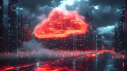 Futuristic virtual cloud conference with glowing data displays