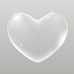 Realistic transparent pink vector soap bubble shaped as heart. Romantic glossy soapy heart. Valentine day symbol. Black background.
