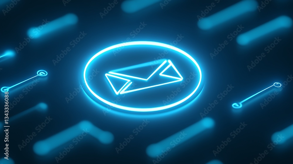 Poster futuristic neon email icon on dark background with abstract digital elements and glowing lines