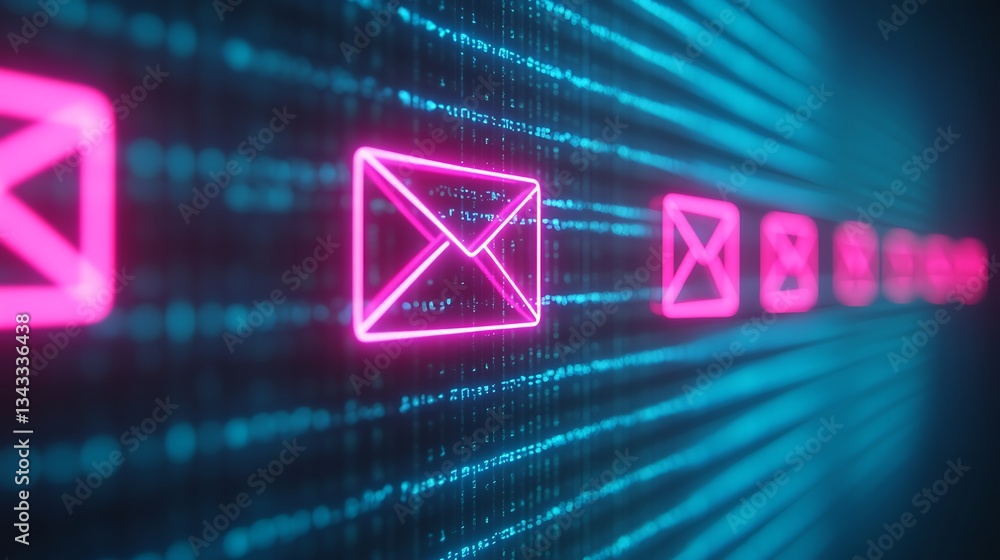 Poster futuristic neon email icons with digital binary background representing communication technology con