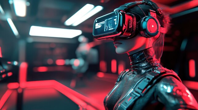Woman Experiencing VR in Futuristic Environment