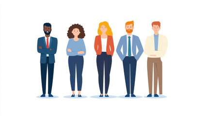 diverse group of five business professionals stands confidently, showcasing teamwork and inclusivity. illustration highlights different styles and expressions, emphasizing workplace diversity