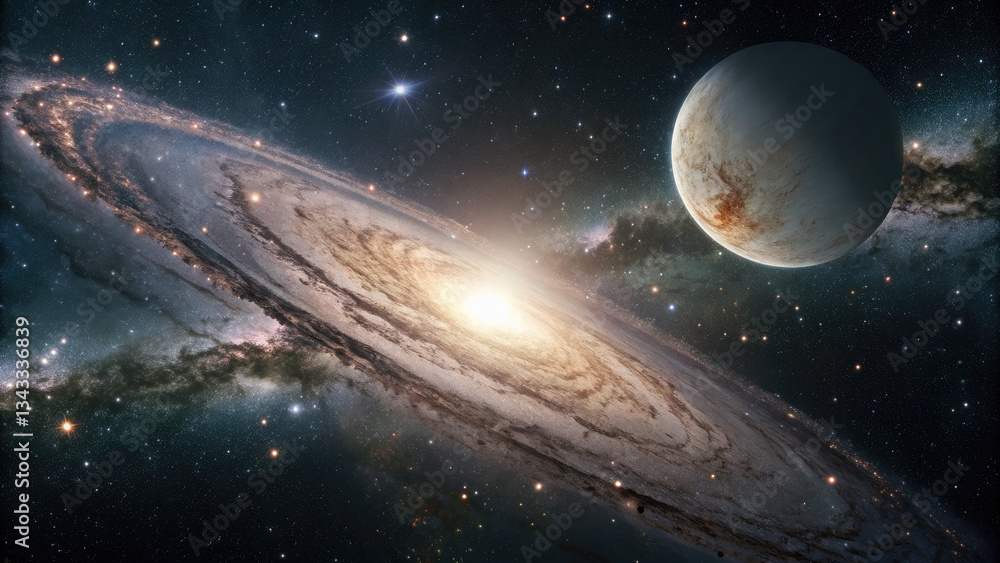 Wall mural a glowing planetary disk floating in deep space, surrounded by cosmic nebulae and distant stars, off
