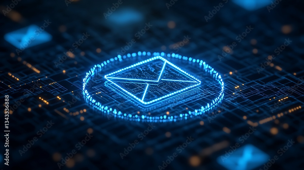 Poster glowing email icon on a futuristic digital background with circuit patterns and blue light effects
