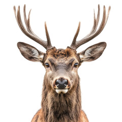 Naklejka premium Realistic red deer stag head portrait, majestic antlers and brown fur wildlife illustration, hunting emblem design asset PNG isolated PNG with Transparent Background