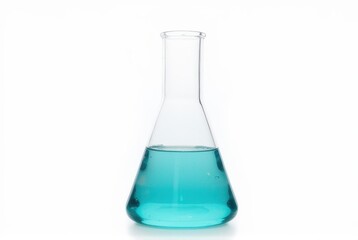Transparent Laboratory Flask with Blue Liquid on White Background