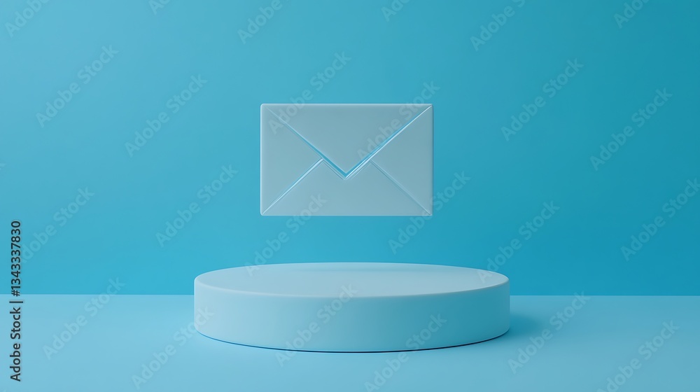 Poster minimalist blue background with floating envelope for modern communication and email concept design