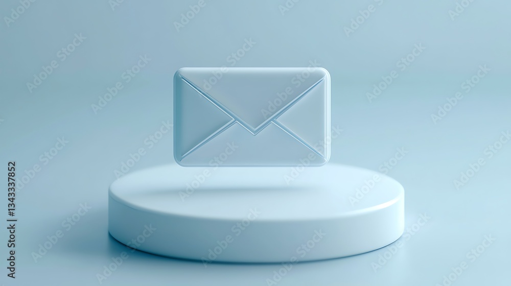 Poster minimalist 3d white envelope floating above circular base on soft blue background