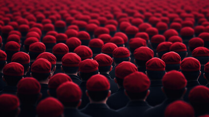 Obraz premium large group of people wearing red berets stands in uniform rows, creating striking visual pattern. image captures back view of crowd, emphasizing unity and organization