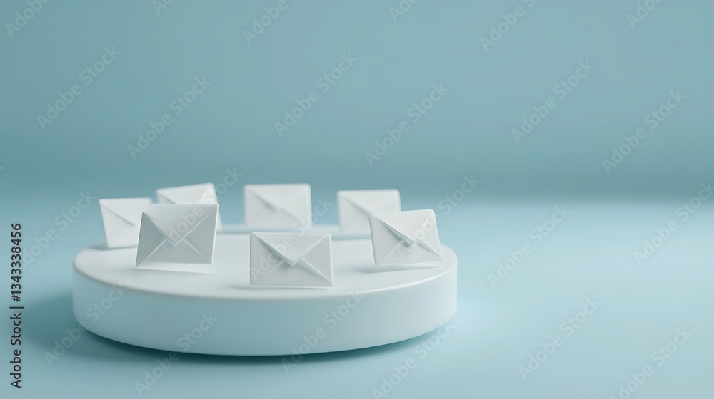 Poster minimalist white envelopes arranged on a circular platform against a soft blue background in modern 