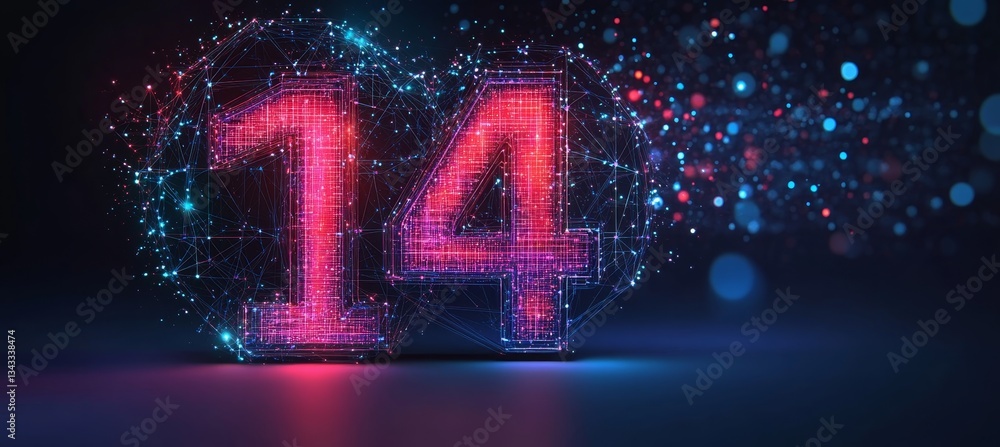 Poster glowing digital number 14 in futuristic style with 3d abstract background and bokeh effect