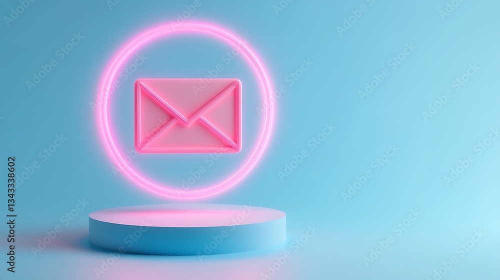 Poster modern 3d mail icon with neon glow on blue background for digital communication concepts and technol