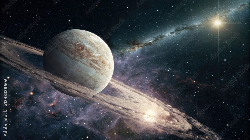 Wall mural a glowing planetary disk floating in deep space, surrounded by cosmic nebulae and distant stars, off