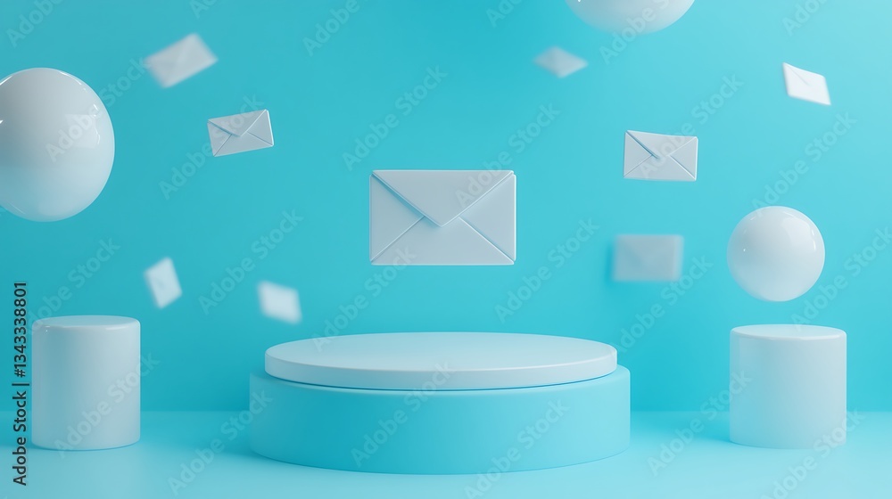 Poster modern email concept with floating envelopes and geometric shapes in vibrant blue setting