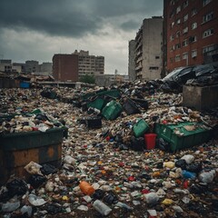 Fototapeta premium Overwhelming Urban Landfill with Green Bins and Scattered Debris against a Backdrop of Decaying Buildings