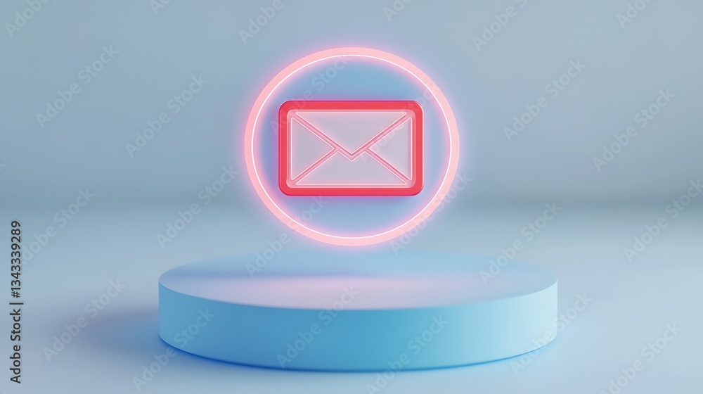 Poster modern email icon with neon effect on circular platform in soft color palette background