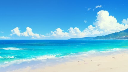 Obraz premium stunning beautiful beach and sea with sky view,clear water sea anime style painting illustration 