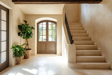Obraz premium a classic stairway with sunlight pouring in, featuring a stylish door and decorative plants
