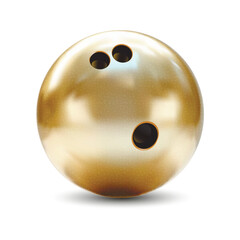A realistic vector illustration depicting a golden bowling ball striking and scattering shiny pins.