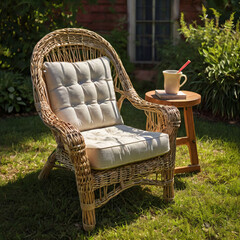 Garden chair. Old fashioned wicker chair in the sunlight. Country life. Relaxing in the garden.