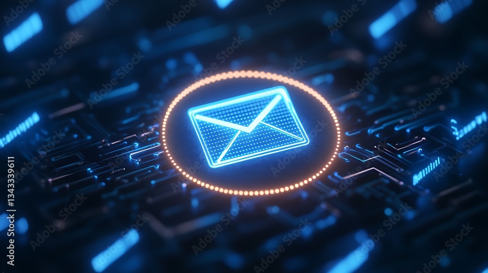Poster modern email icon with neon lights on circuit board background for technology and communication them
