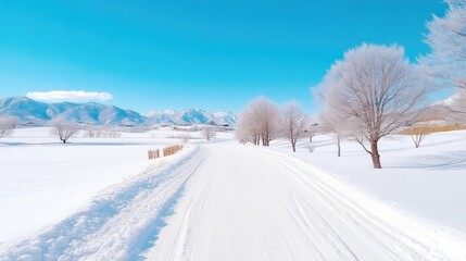 Obraz premium Snowy winter road through a frosted landscape