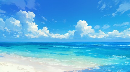 Fototapeta premium stunning beautiful beach and sea with sky view,clear water sea anime style painting illustration 