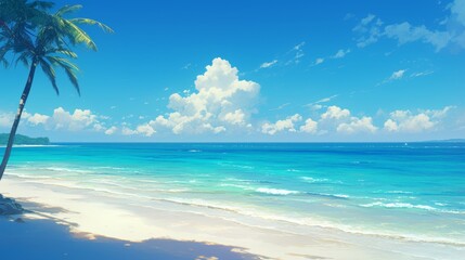 Fototapeta premium stunning beautiful beach and sea with sky view,clear water sea anime style painting illustration 