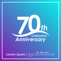 70th years anniversary celebration emblem. anniversary logo isolated with curve stroked - wave line on purple and blue gradient background. vector illustration template design	