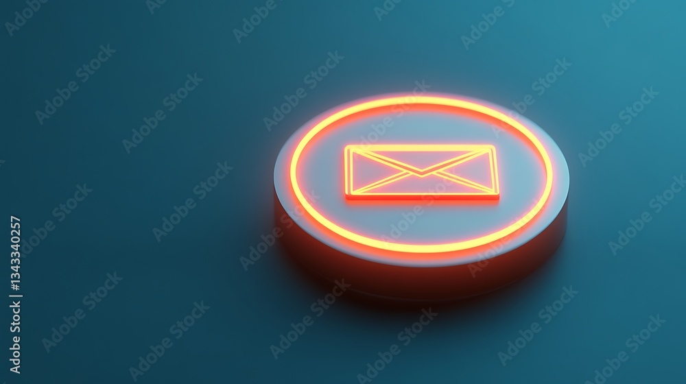 Poster neon circular envelope icon on a smooth teal background for digital communication and messaging them