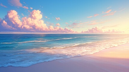 Fototapeta premium stunning beautiful beach and sea with sky view,clear water sea anime style painting illustration 