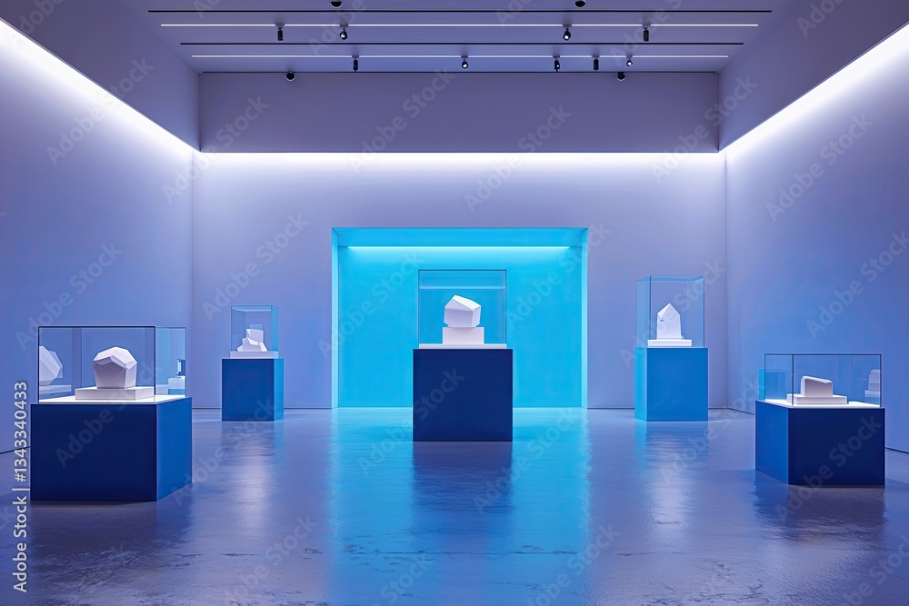 Poster Contemporary Minimalist Gallery Space with Blue Cube Display and Bright Backdrop 3D Rendering