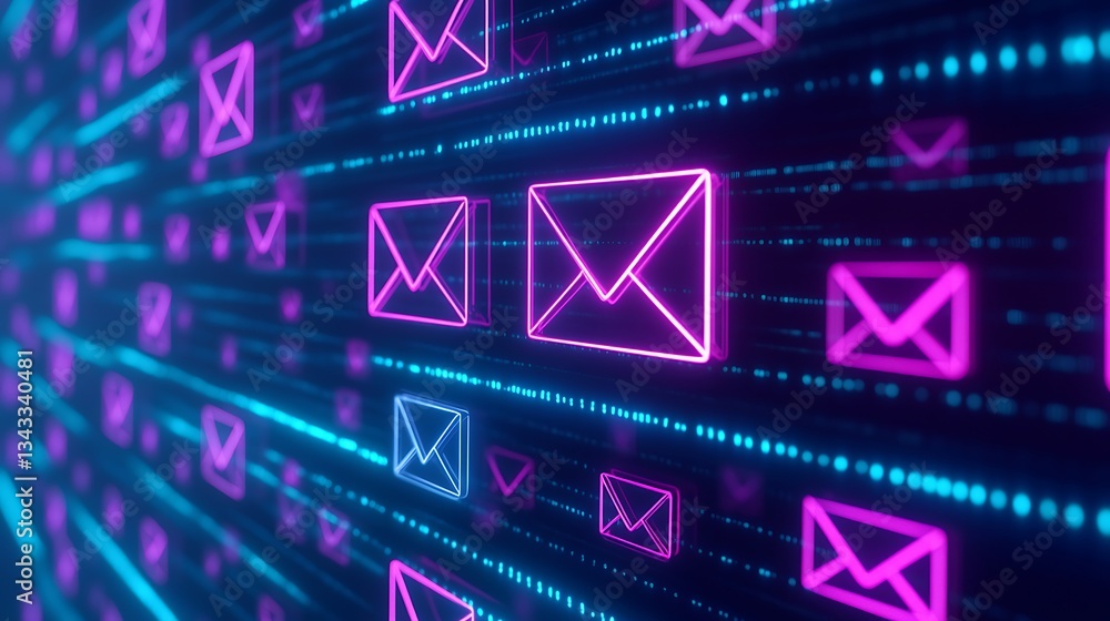 Poster Neon Email Icon Background with Digital Patterns and Bright Colors for Communication Technology Themes