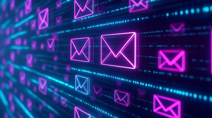 Neon Email Icon Background with Digital Patterns and Bright Colors for Communication Technology Themes