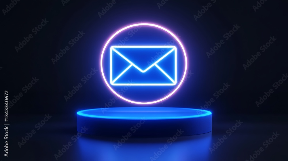 Poster neon email icon display on a circular platform with dark background for digital communication concep