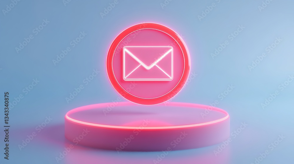 Poster neon email icon displayed in a minimalist setting with soft blue background and circular base