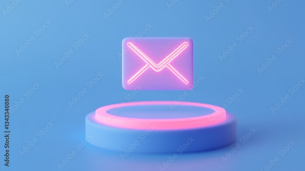 Poster neon email icon displayed on a floating platform with soft blue background and futuristic design ele