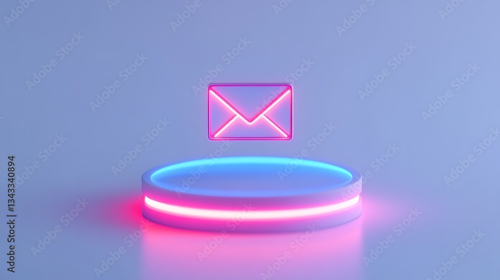 Poster neon email icon floating above stylish circular platform with colorful glow in modern digital enviro