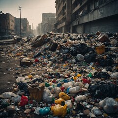 Obraz premium Enormous accumulation of scattered garbage creating a landscape of plastic bags, trash bins, and discarded boxes within a distress