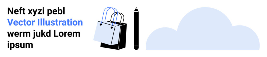 Shopping bags with handles, vertical pen, and cloud shape. Ideal for e-commerce, writing tools, creativity, storage solutions, innovation, data management and flat landing page banner