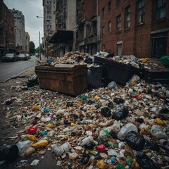 Overflowing Dumpsters and Scattered Waste on a City Street Illustrate Urban Decay and Environmental Neglect
