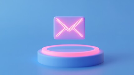 Neon Email Icon Displayed on a Floating Platform with Soft Blue Background and Futuristic Design Elements