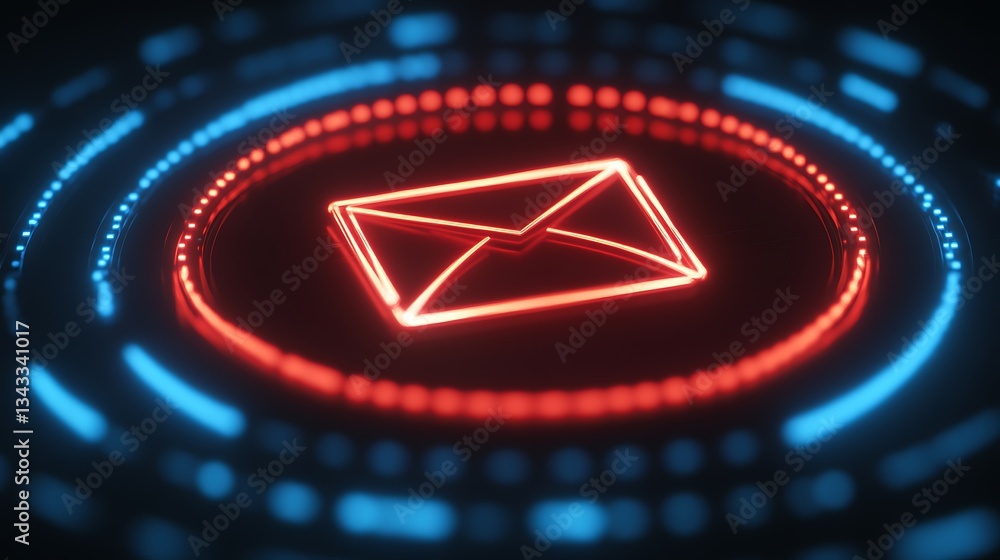 Poster neon email icon illuminated in red and blue circles on dark background for digital communication con