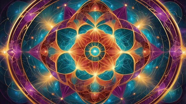 "A dynamic sacred geometry grid with interwoven golden hexagons and pulsating energy waves in vibrant teal, deep indigo, and fiery red hues."